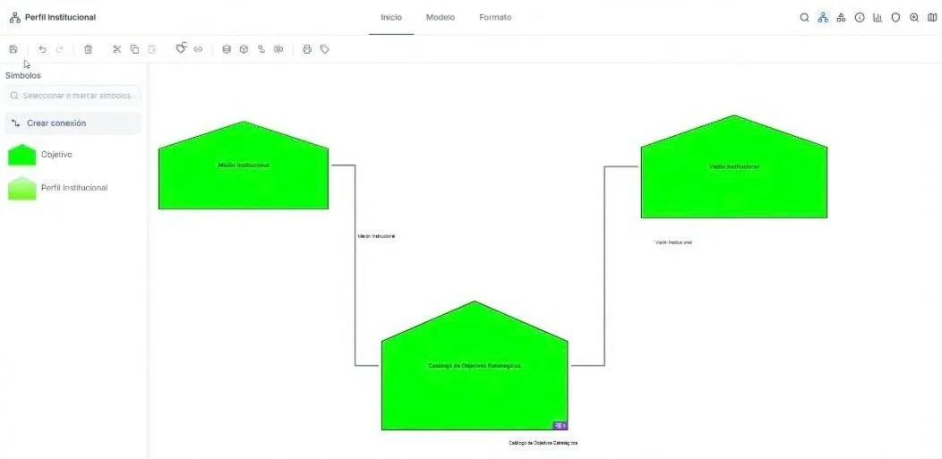 Flowchart diagram with three green pentagon-shaped boxes labeled in Spanish: 'Misión institucional', 'Visión institucional', and 'Catálogo de objetivos estratégicos'. The boxes are connected with lines indicating relationships among them.