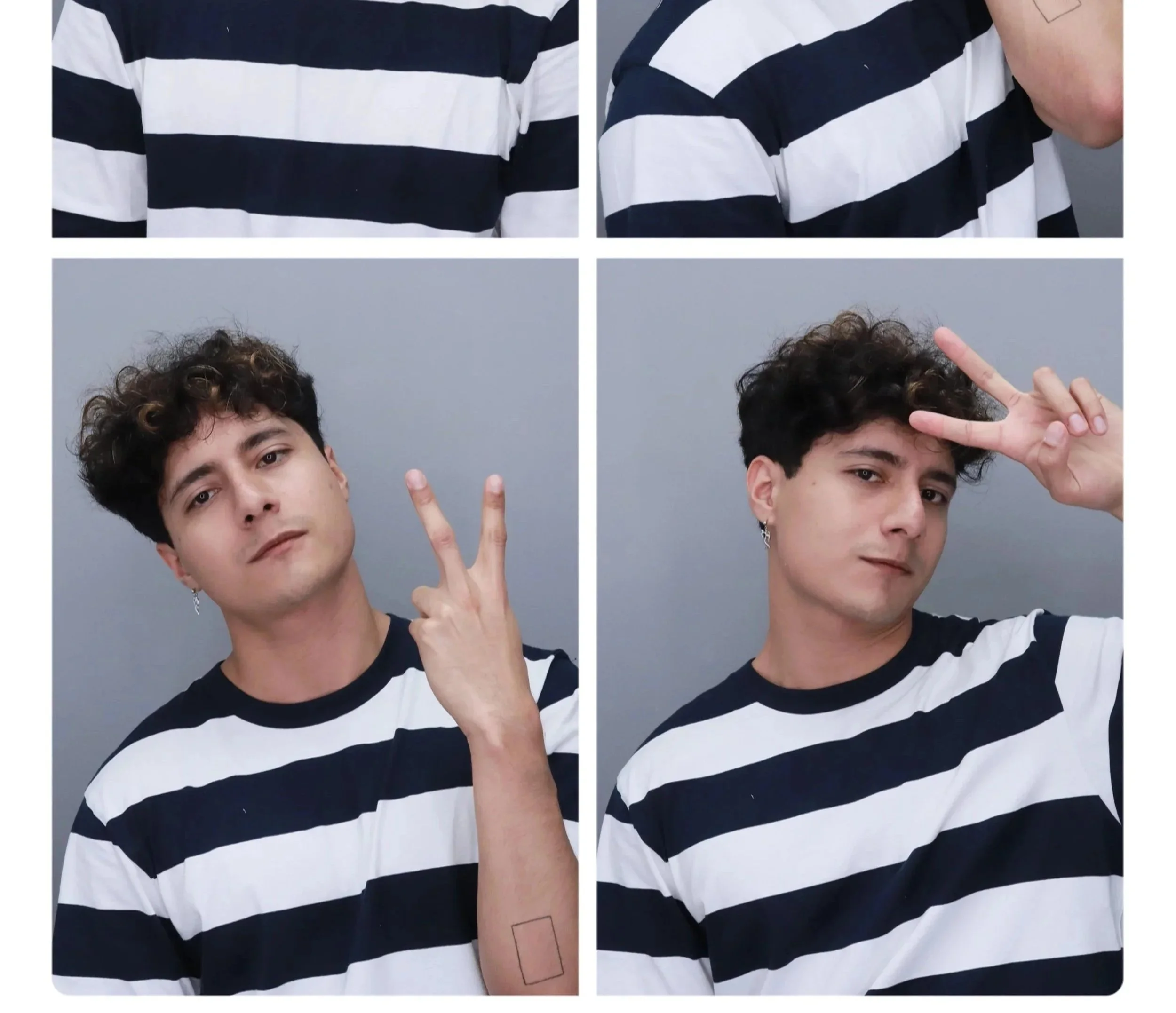 A young man with curly dark hair and earrings is shown in four photos wearing a black and white striped shirt. The photos are arranged in a 2x2 grid. In the top two photos, only the upper part of his shirt is visible, focusing on the stripes. In the bottom left photo, he is making a peace sign with his right hand, holding it near his face while looking directly at the camera. In the bottom right photo, he is again making a peace sign with his right hand, but this time placing his hand near his forehead while slightly tilting his head.