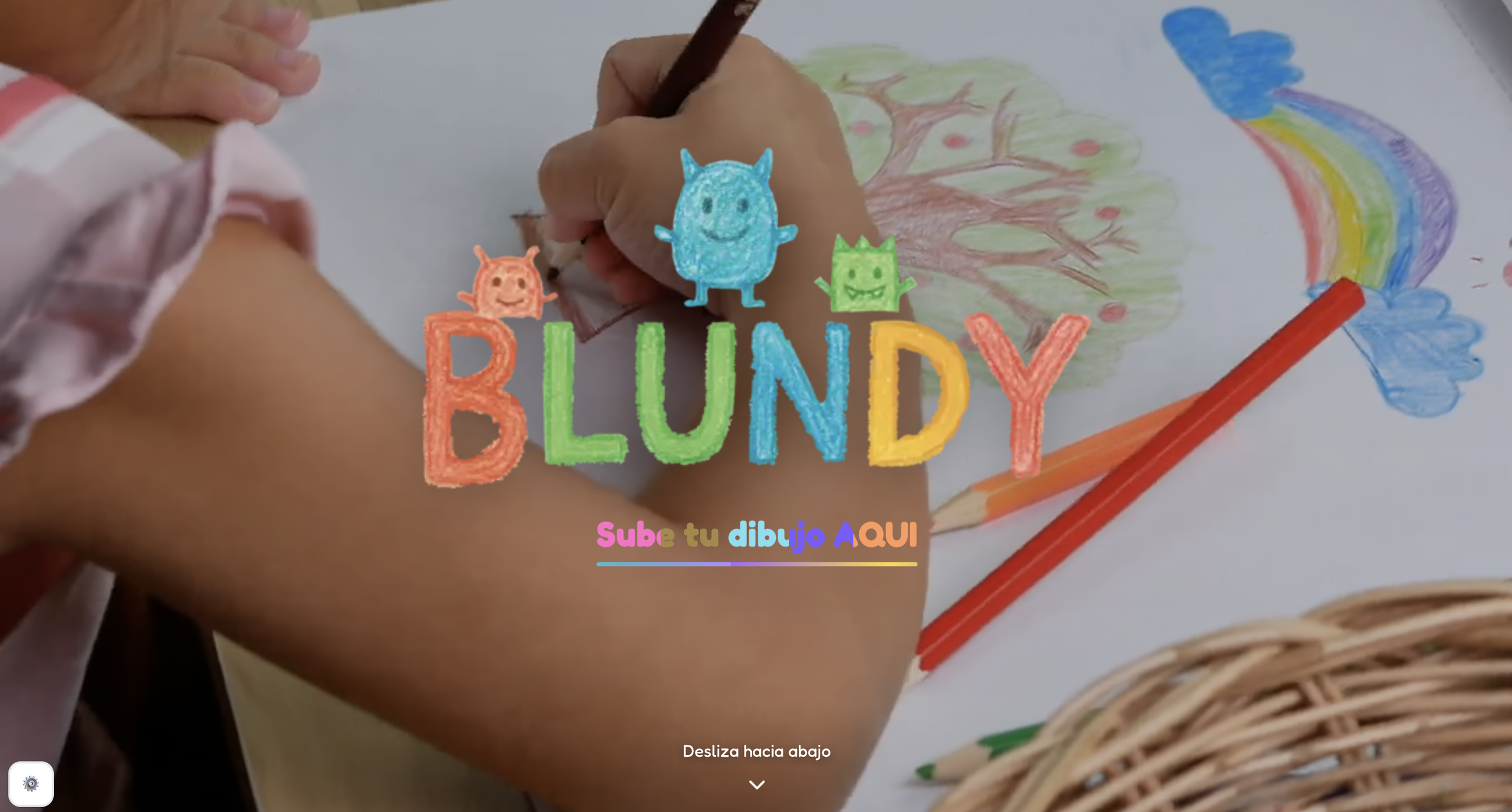 Child coloring with colored pencils on paper with rainbow and tree drawings, overlaid with colorful cartoon monsters and 'BLUNDY' logo and Spanish text 'Sube tu dibujo AQUI'.