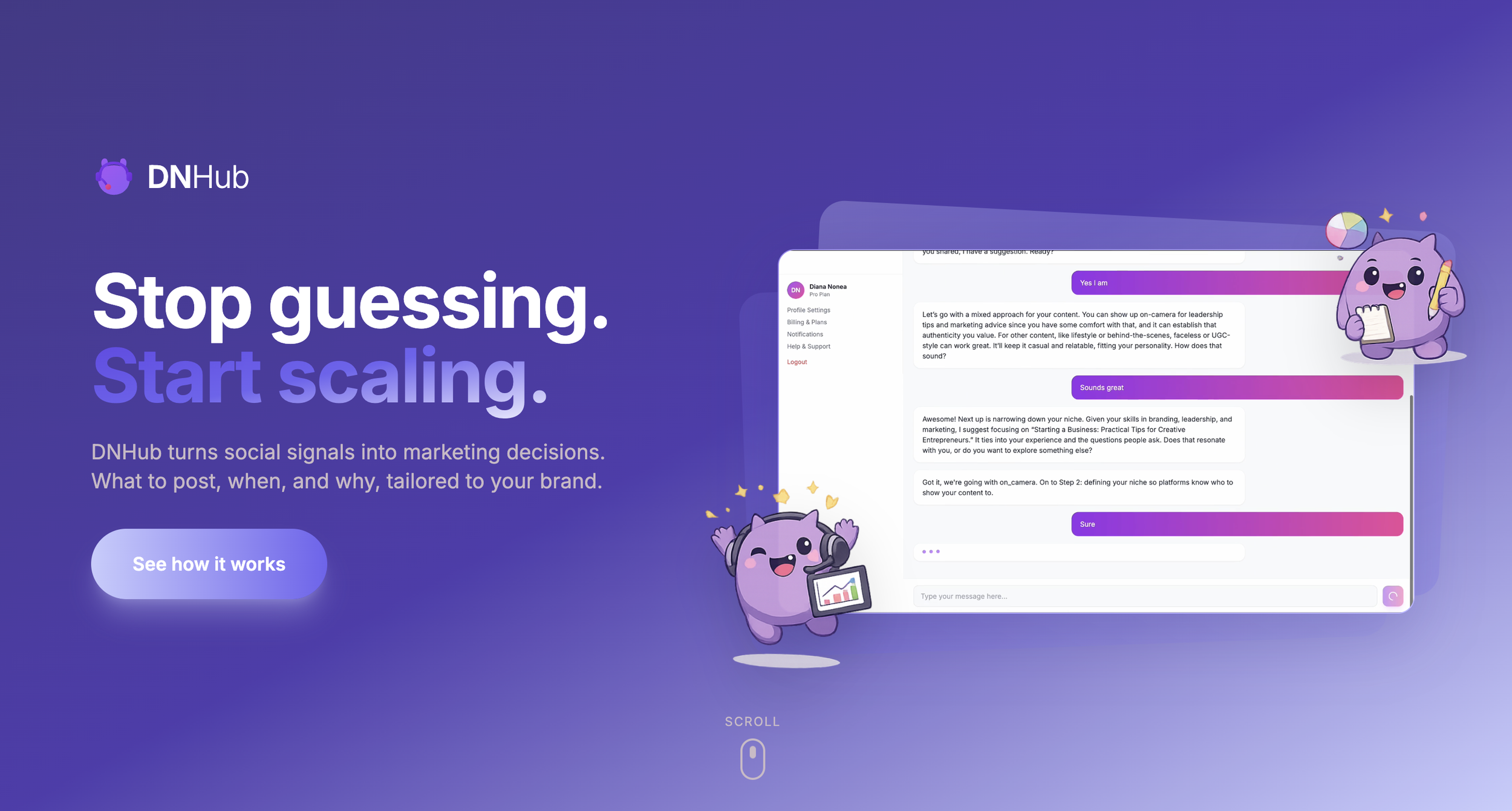 Digital illustration promoting DNHub, a social media marketing tool featuring a chatbot character holding a tablet showing a growth chart, with a website interface in the background and a purple dragon mascot giving a thumbs-up.