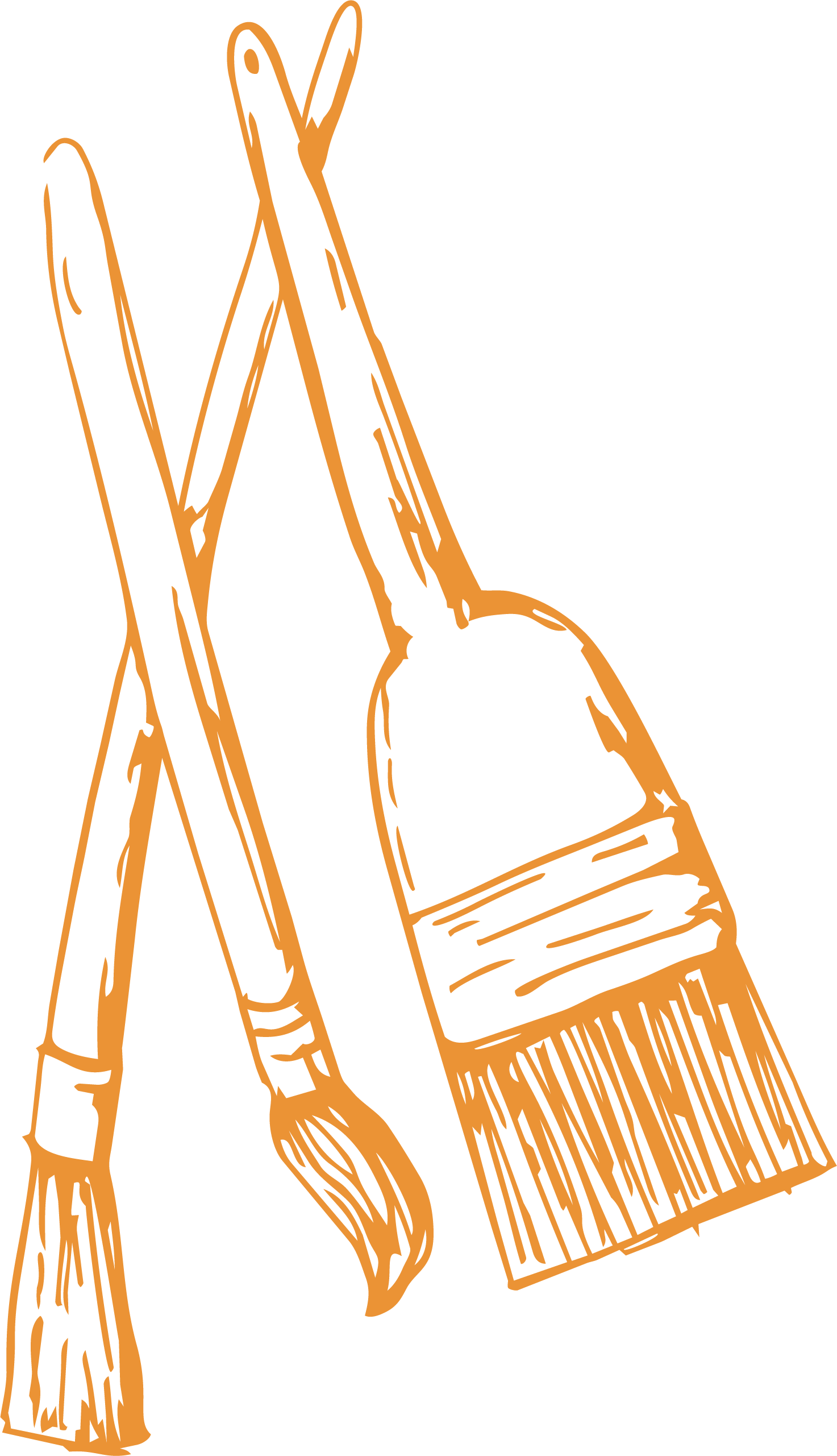 A digital line drawing of a set of handmade wooden paintbrushes a in brown colour on a black background.