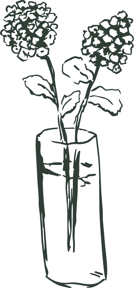 A simple line drawing of a vase with two flowers and leaves.