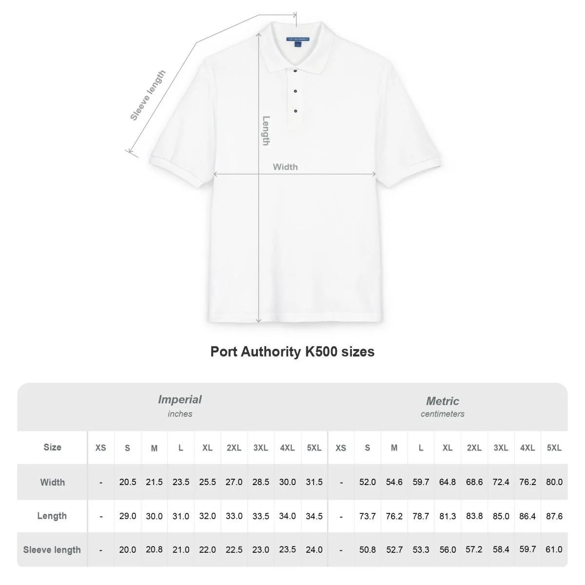 A white polo shirt with detailed measurement guides for various sizes, including sleeve length, length, and width, across both imperial and metric units.
