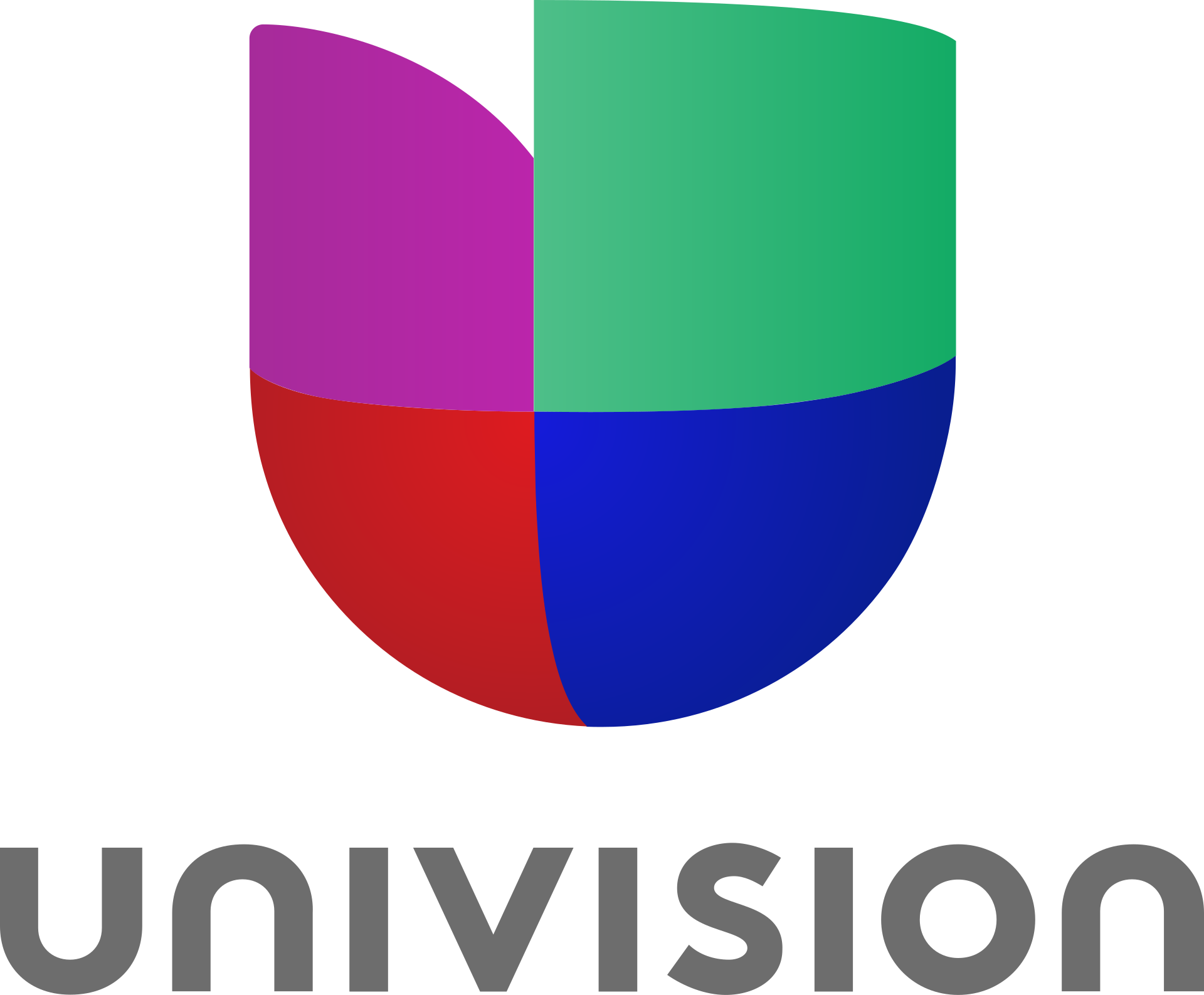 Colorful pie chart divided into four segments, with the bottom segment in red, the right in blue, the top in green, and the left in purple. Below the chart, the word 'Univision' is written in bold gray letters.