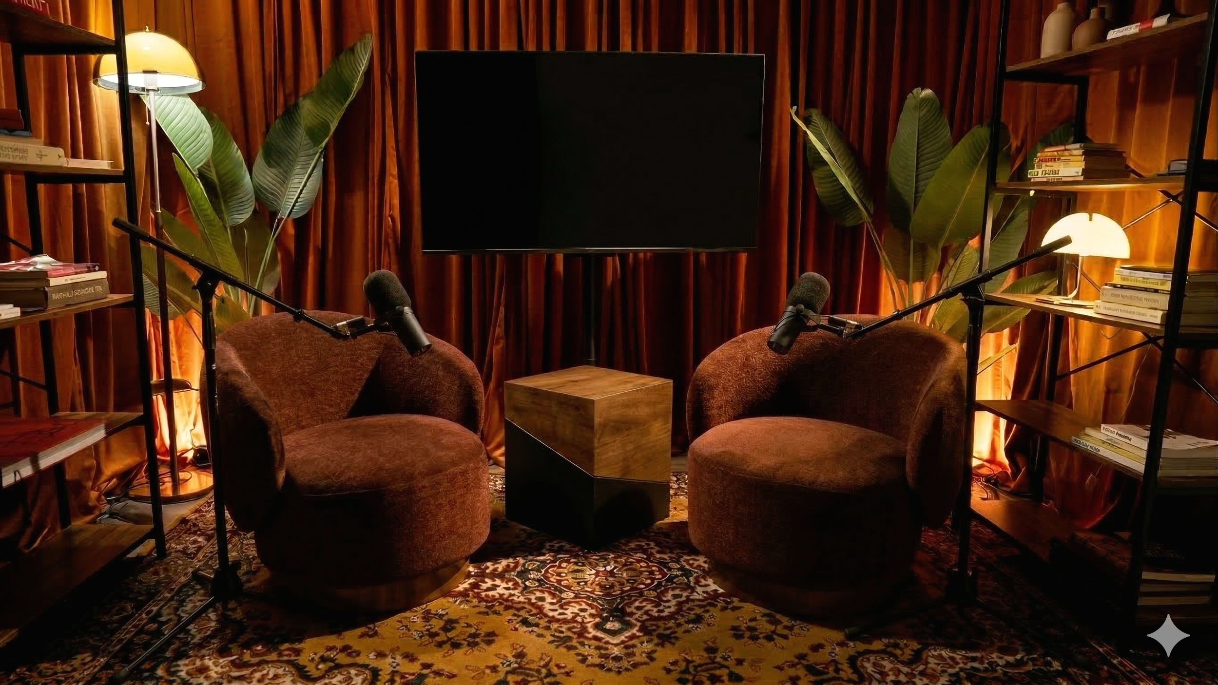 A cozy podcast or interview setup with two brown upholstered chairs, each with a microphone, facing each other. In the background, there's a large flat-screen TV mounted on a wooden-paneled wall, flanked by tall green leafy plants. On either side, th