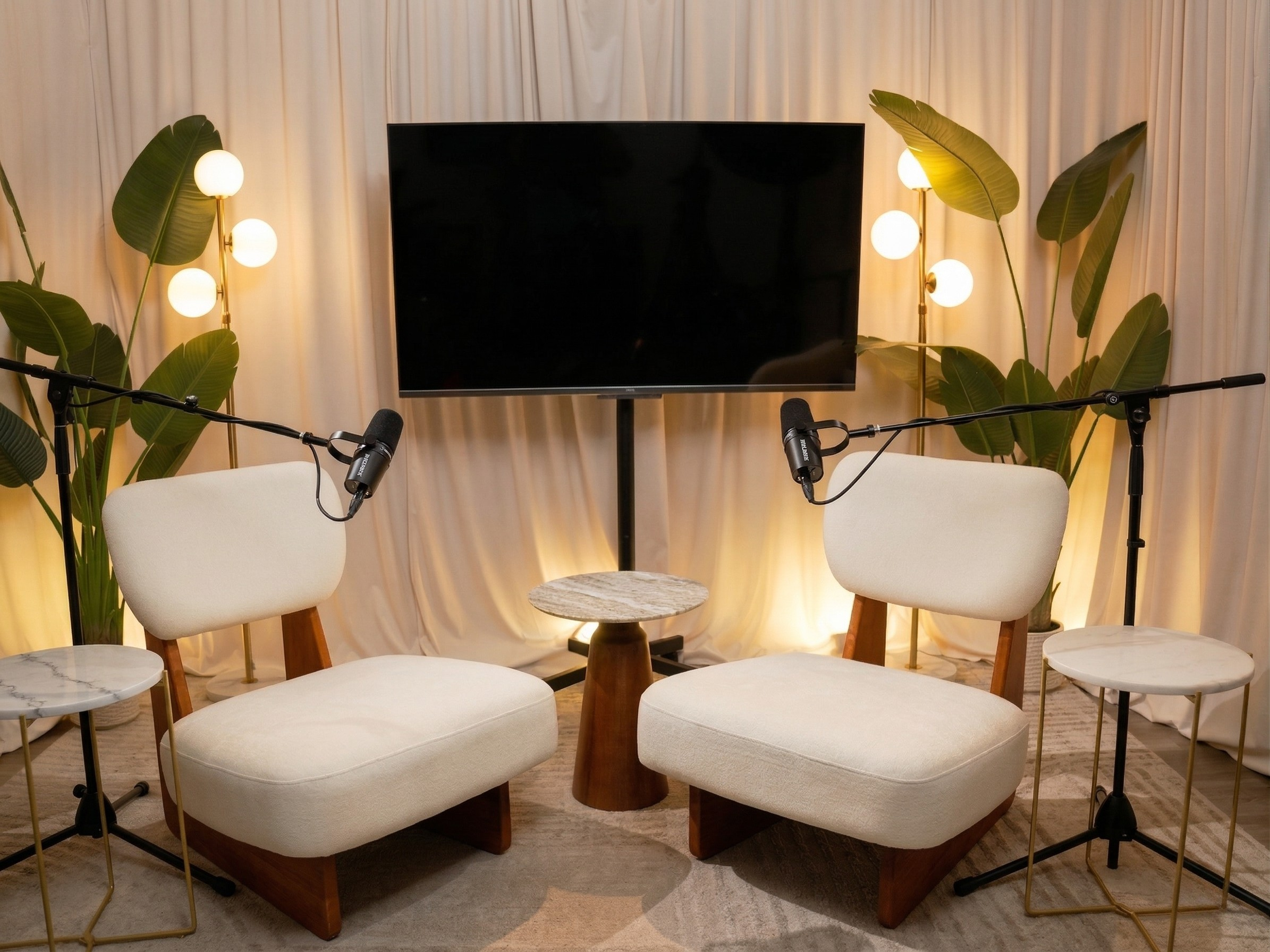 Podcast recording setup with two chairs, microphones, a large television, two floor lamps with globe lights, large green plants, and beige curtains in the background.