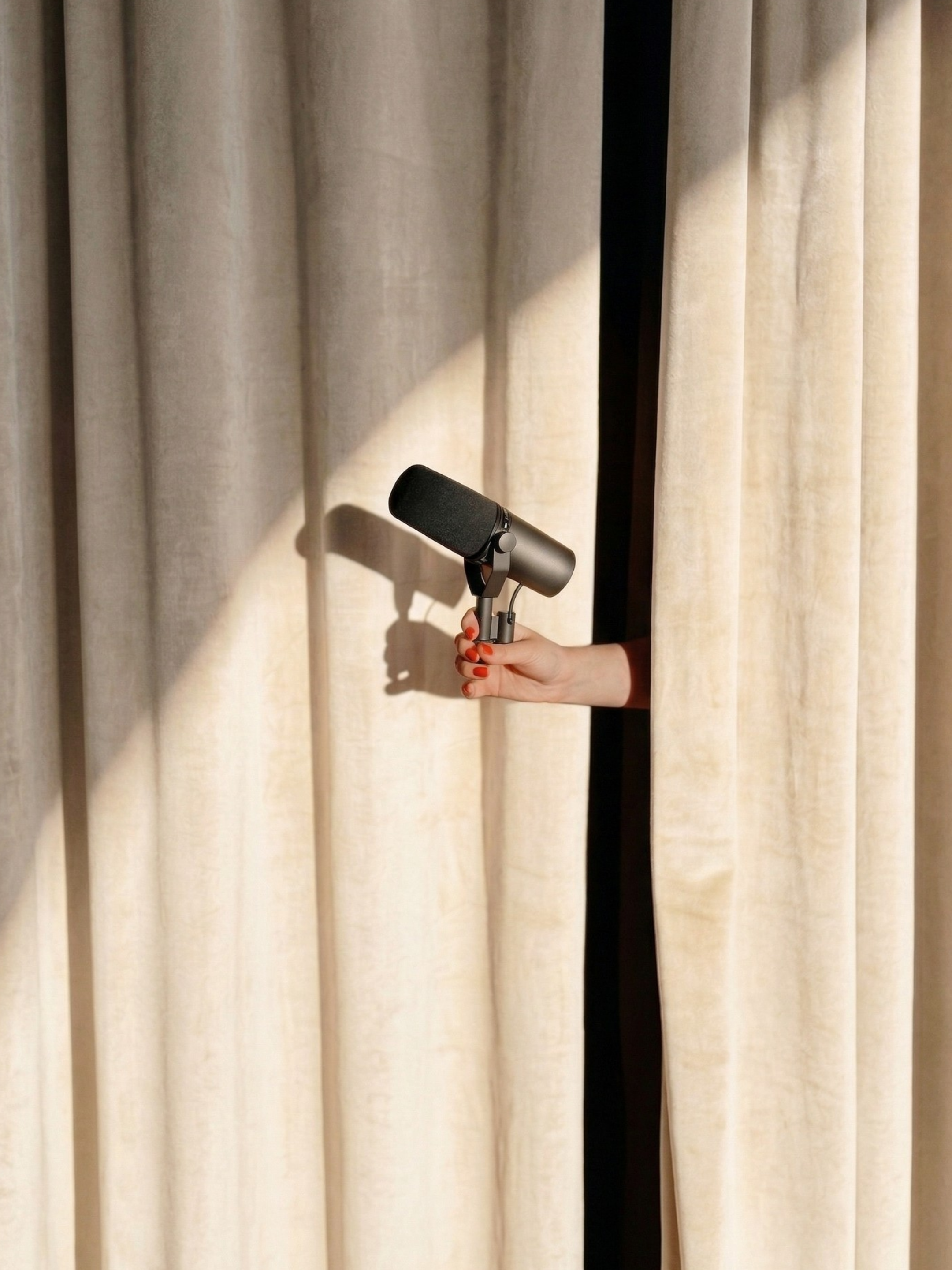 A person with red nail polish holding a black microphone, peeking through beige curtains.