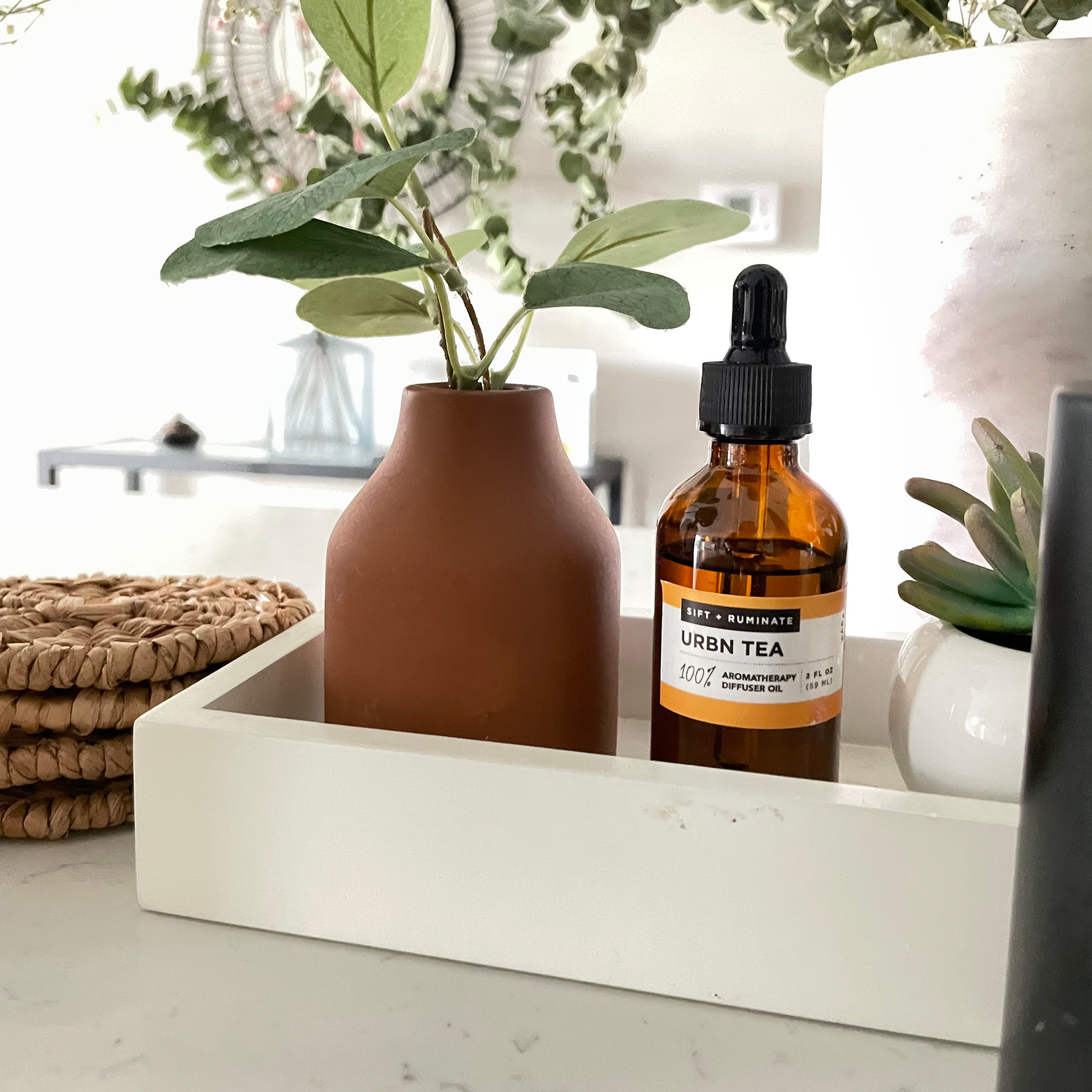 A small brown terracotta pot with green leafy plant, next to an amber glass diffuser bottle with a black spray cap on a white surface.