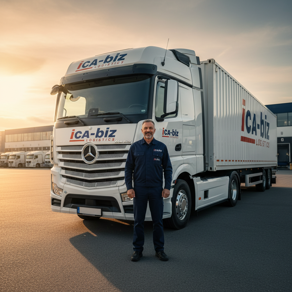 A man standing in front of a large white logistics truck with the ICA-biz logo at sunset.