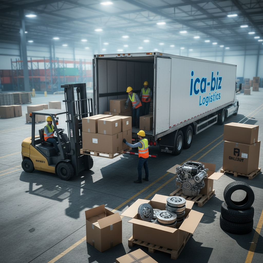Warehouse workers in safety vests and helmets load boxes into a large delivery truck with 'ica-biz Logistics' branding inside a spacious industrial warehouse.