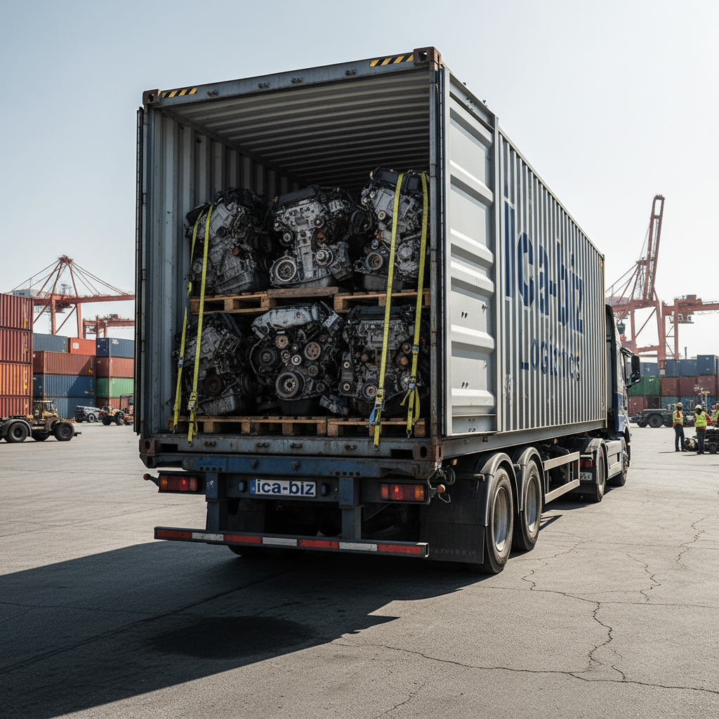 A truck with an open cargo area carrying car engines secured with straps at a port with shipping containers and cranes in the background.