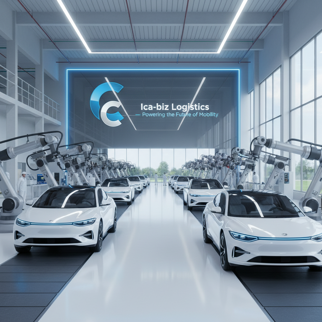 An automotive manufacturing factory with rows of white autonomous electric cars and robotic arms working on car assembly, under a large digital screen displaying 'Ica-biz Logistics - Powering the Future of Mobility'.