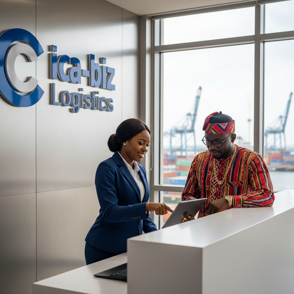 A woman and a man are standing at a reception desk in a logistics company's office, looking at a tablet and smiling. The woman is wearing a blue business suit, and the man is wearing colorful traditional African attire with a matching hat. Behind them is a large window with a view of shipping cranes and cargo containers.