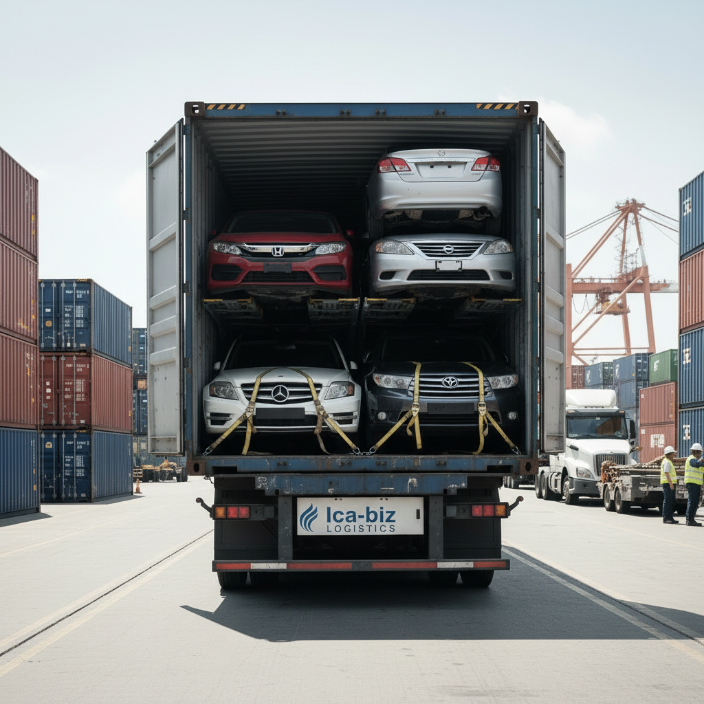A shipping container on a truck packed with six cars, three on the upper level and three on the lower level, with shipping cranes and containers in the background.
