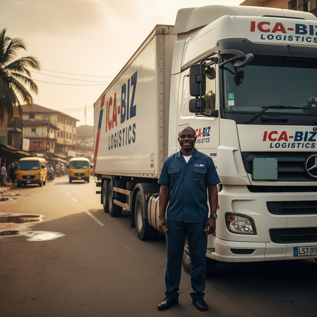 A man in a blue uniform standing in front of a large white logistics truck with the logo 'ICA-BIZ LOGISTICS' on it, on a street with buildings and vehicles in the background, during sunset.