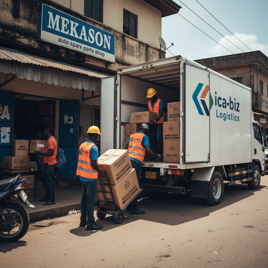 Workers unloading boxes from a delivery truck outside a local auto parts shop called Mekason.