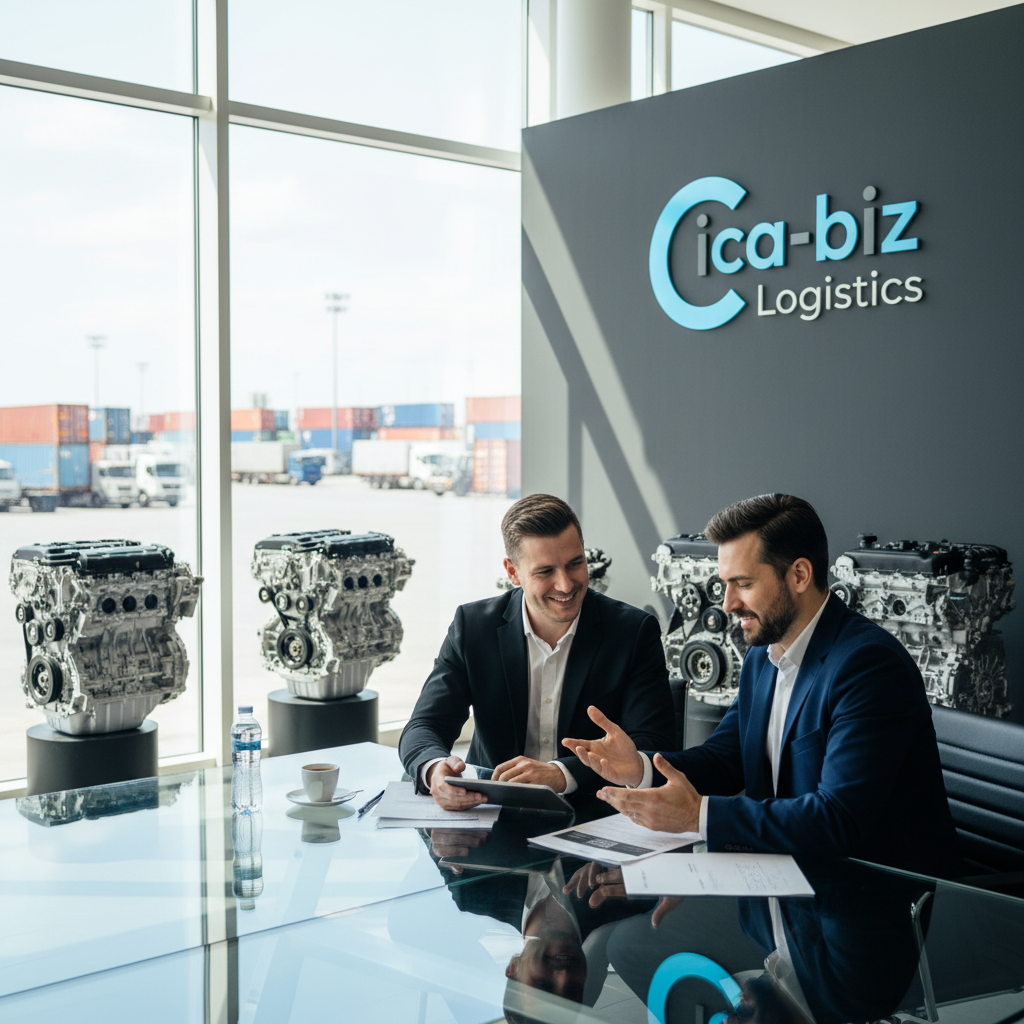 Two men in suits having a business discussion in a dealership office, with engine models and a "ica-biz Logistics" sign on the wall, large windows showing a shipping yard with containers outside.