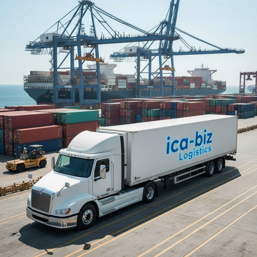 A cargo ship docked at a port with large cranes unloading containers, and a white delivery truck with 'ica-biz Logistics' on the side driving on the dock.