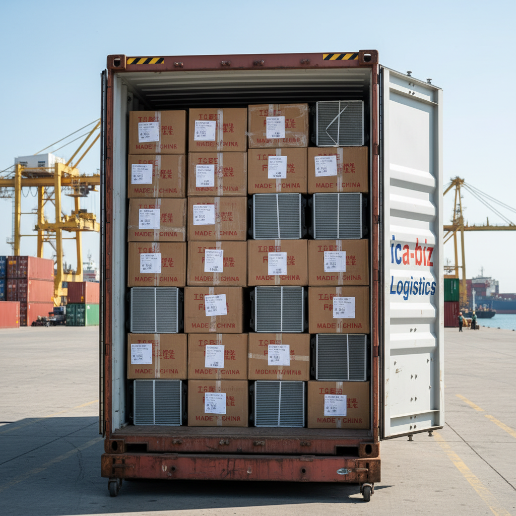 Open shipping container filled with cardboard boxes and metal cooling units at a port, with cranes and shipping containers in the background.