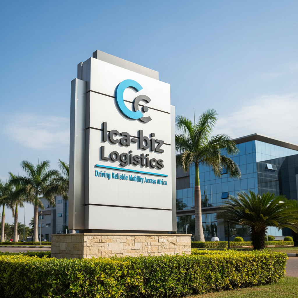 Sign for ICA-biz Logistics with slogan 'Driving Reliable Mobility Across Africa', surrounded by palm trees and modern office buildings.