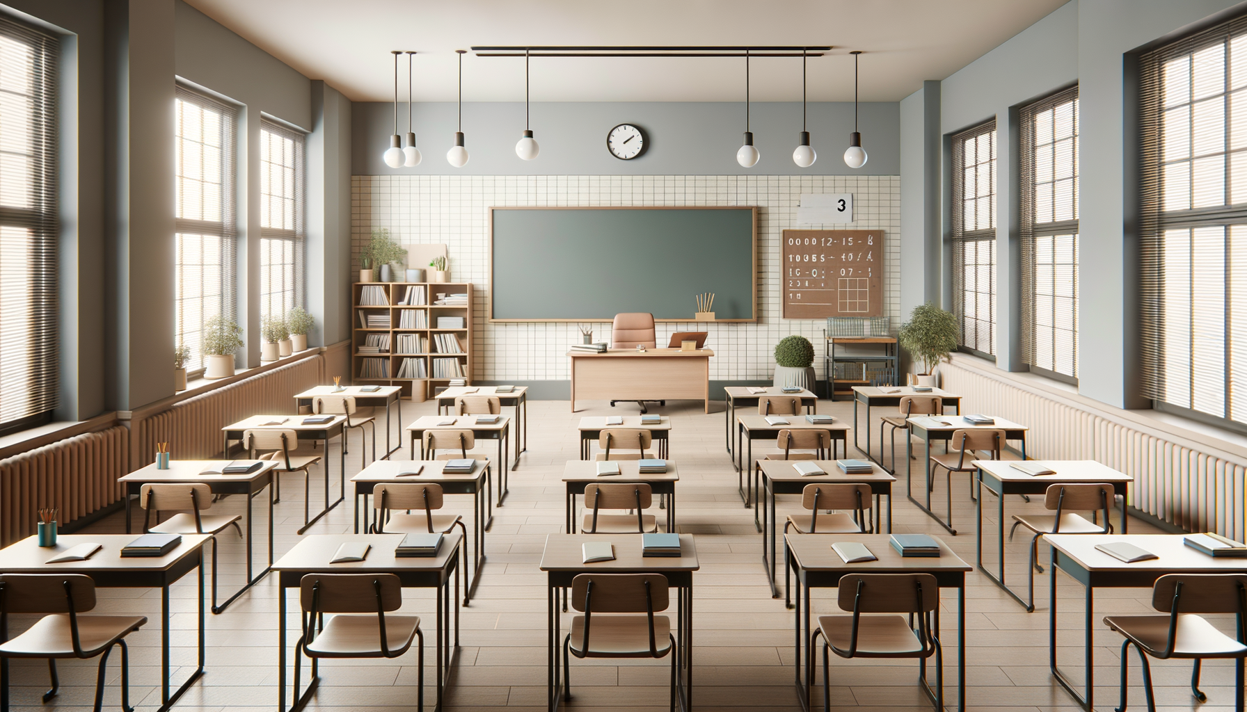 Empty classroom with student desks arranged in rows, large windows on both sides, a teacher's desk and chair at the front, a blackboard, clock, and bookshelf in the background.