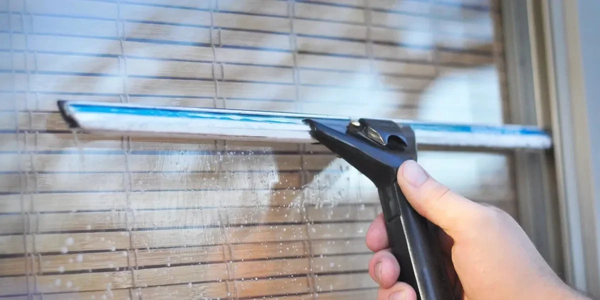 Close-up of a hand using a window scraper to clean a glass window with wooden blinds behind it.