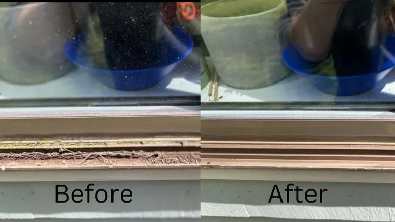 Side-by-side comparison of a window track labeled 'Before' with dirt and debris, and 'After' showing a clean window track.