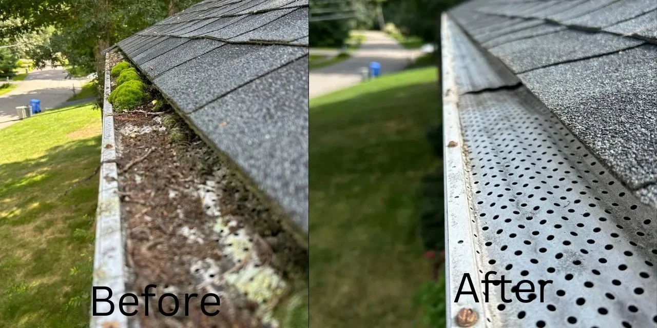 Side view of a gutter on house roof, showing before and after cleaning. The 'Before' side has debris, dirt, and moss, while the 'After' side is clean and clear.