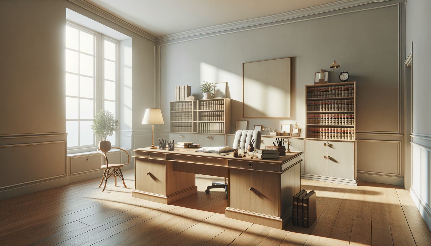 An elegant home office with a large wooden desk, a tufted armchair, bookshelf filled with legal books, and sunlight streaming in through the window.