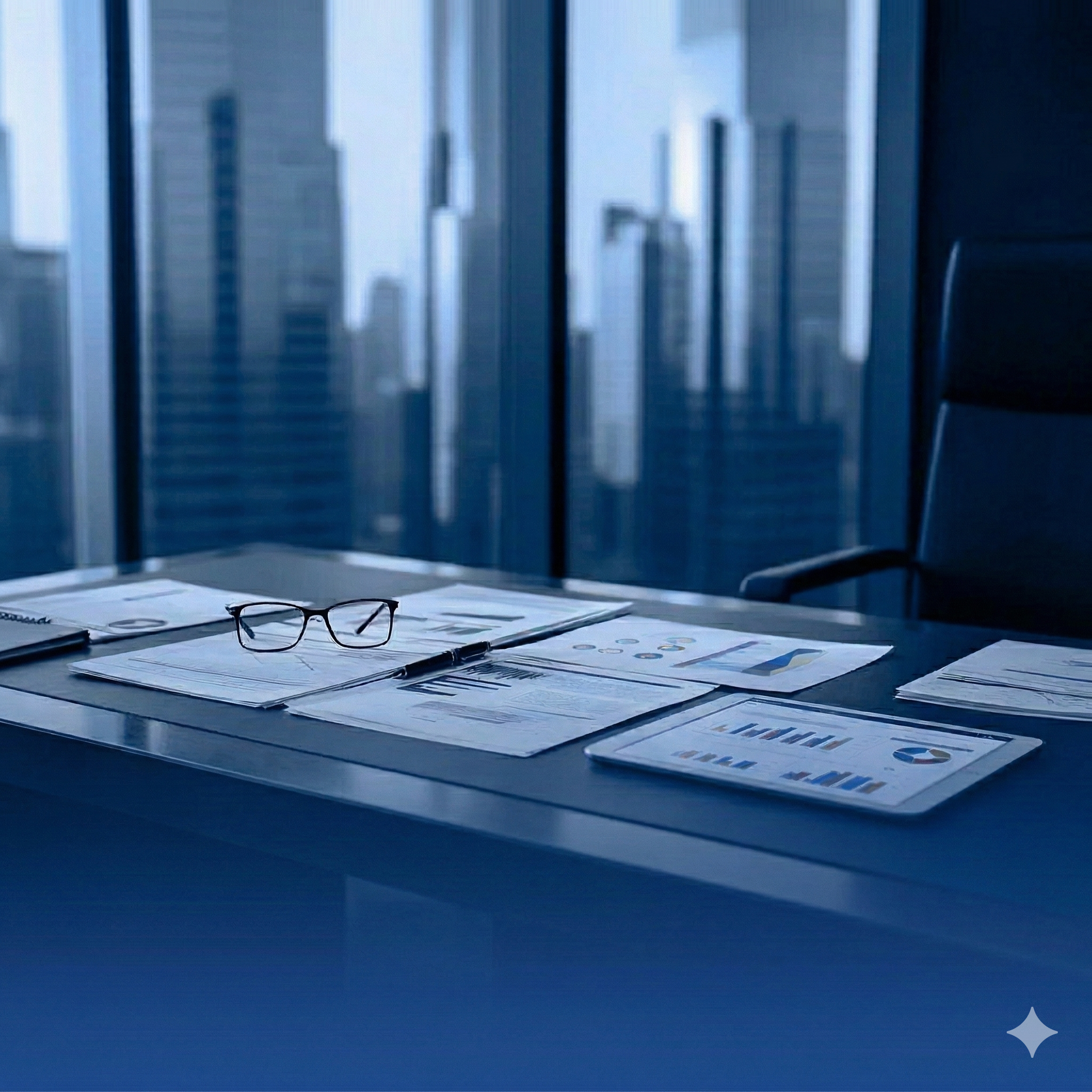 Office desk with papers, a pen, and glasses in front of a window showing a city skyline.