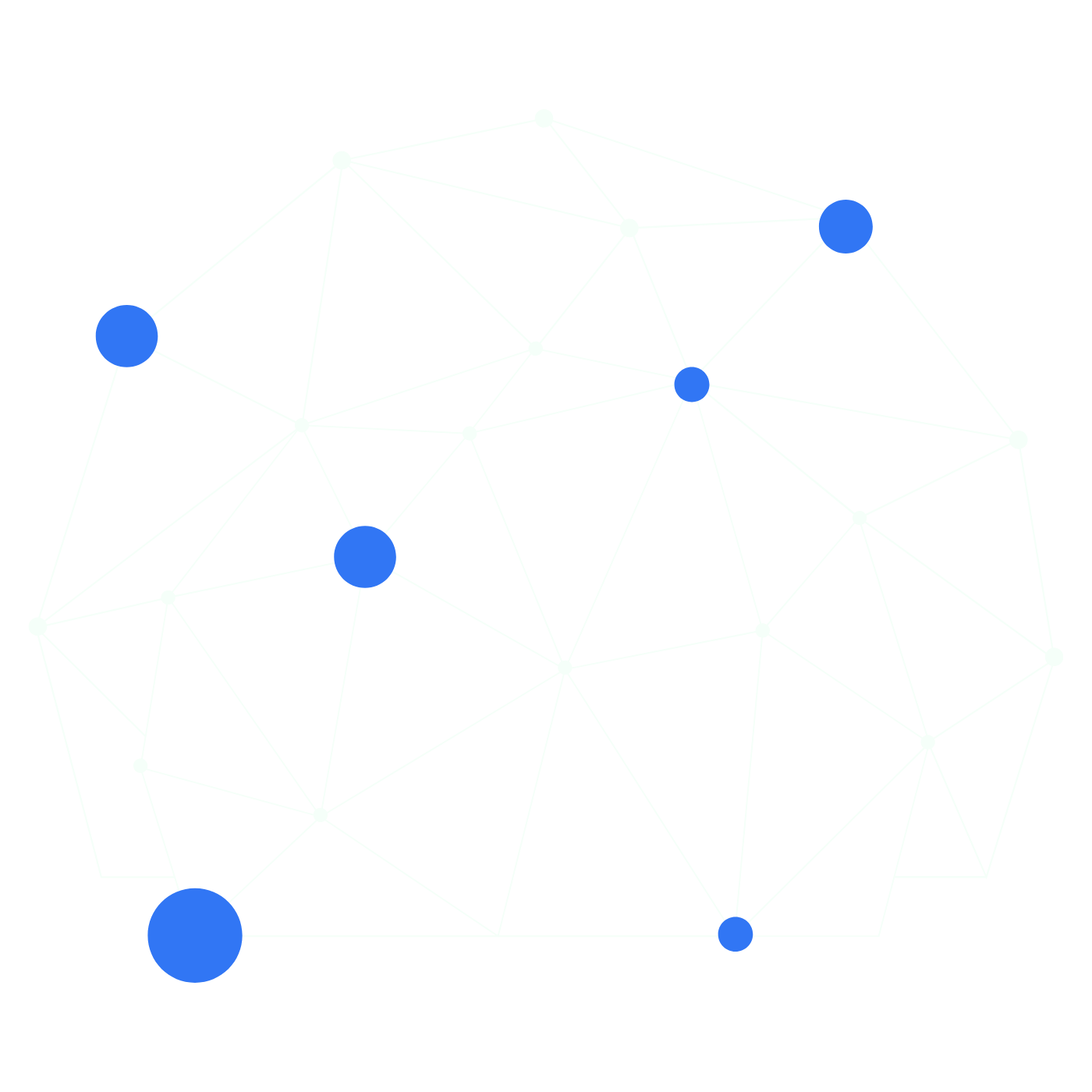 A digital illustration of a connected network or web with white nodes and edges on a black background, featuring several larger blue nodes.