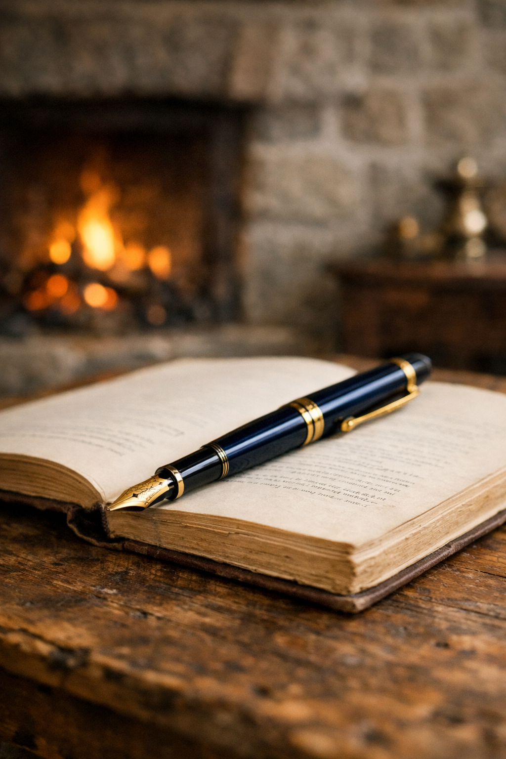 Fountain pen on a book, on a rustic table in a cabin with a fireplace