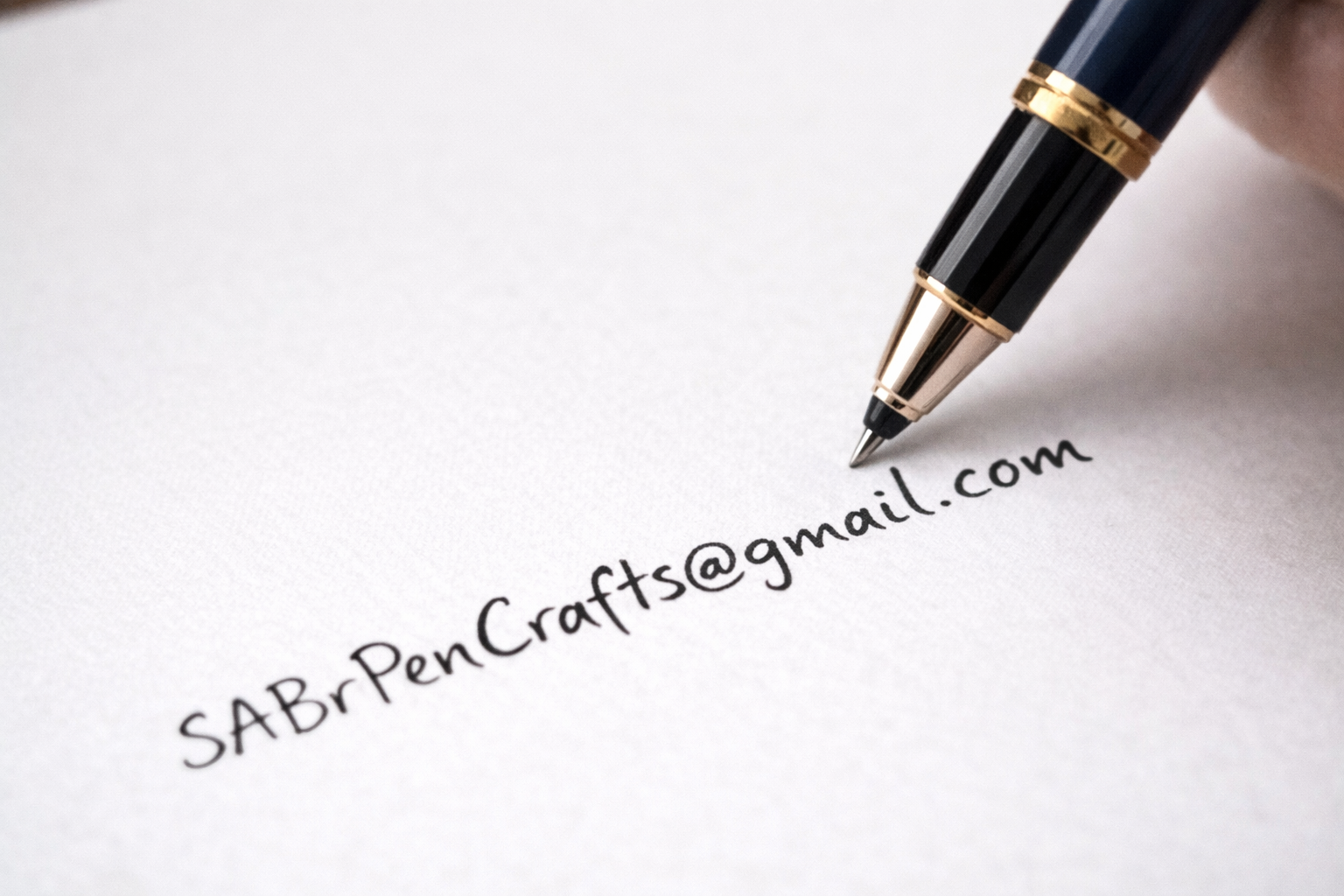 Rollerball Pen writing the email adress for contact "SABrPenCrafts@gmail.com"