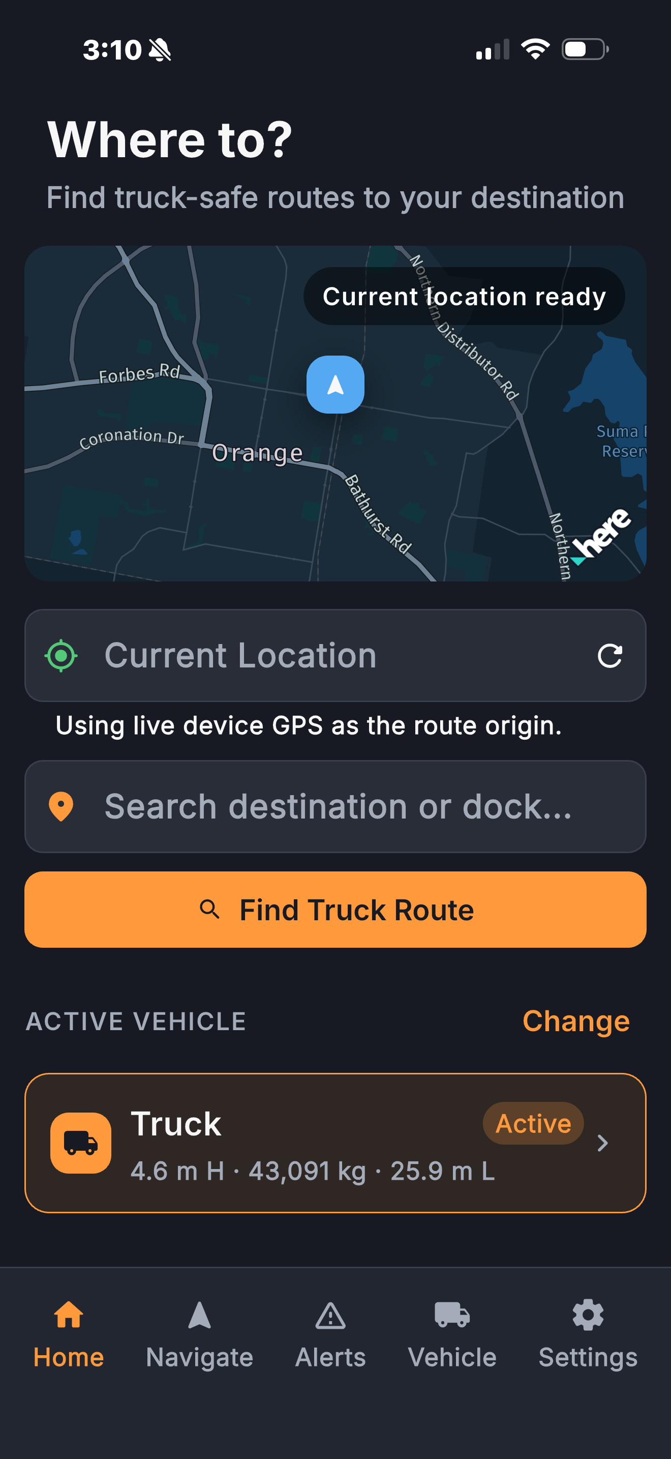 Mobile app interface for truck GPS navigation, showing current location in Orange, with options to search destination and find truck routes. The truck is active, with height, weight, and length details visible.