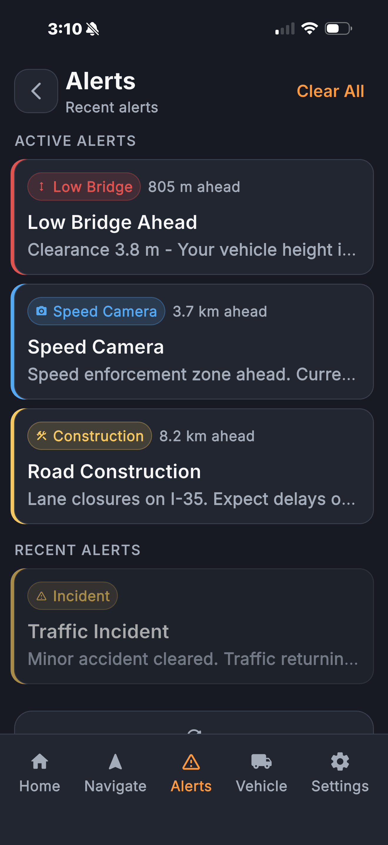 Dashboard screen showing traffic alerts including a low bridge 805 meters ahead, speed camera 3.7 kilometers ahead, road construction 8.2 kilometers ahead, and a traffic incident.