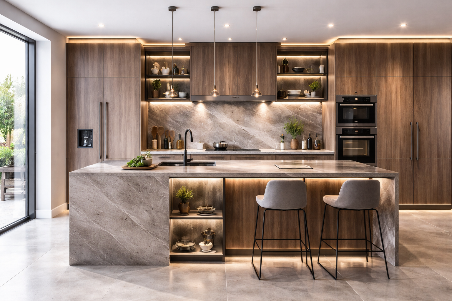 Modern kitchen with wooden cabinets, marble countertops, and a large island with seating for two. Open shelves with decorative items and plants, built-in double oven, and a window overlooking a garden. Warm lighting enhances the neutral tones.