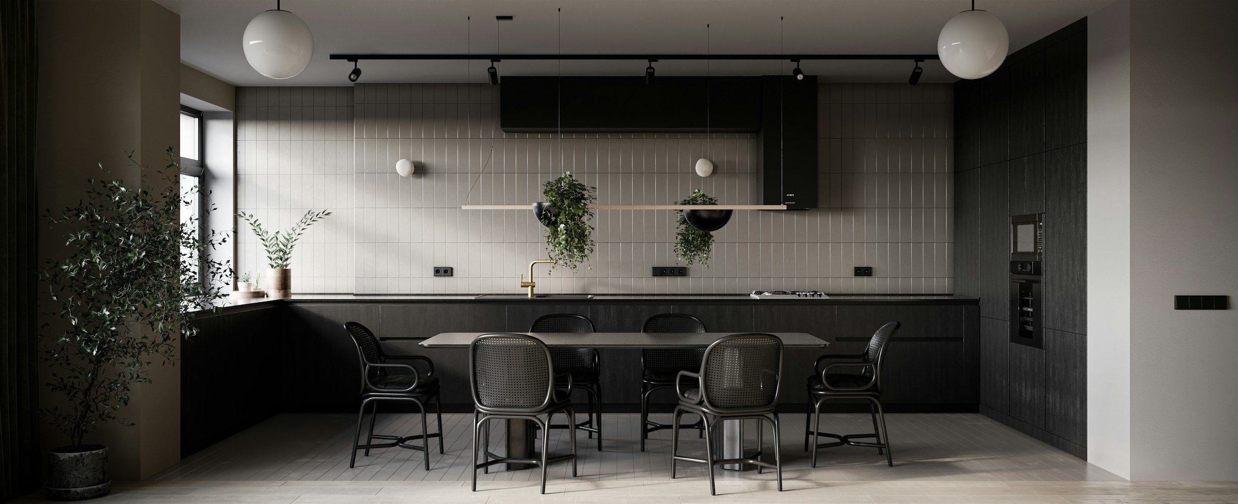 Modern kitchen with black cabinetry, white tile backsplash, three black chairs around a table, hanging green plants, and large pendant lights.