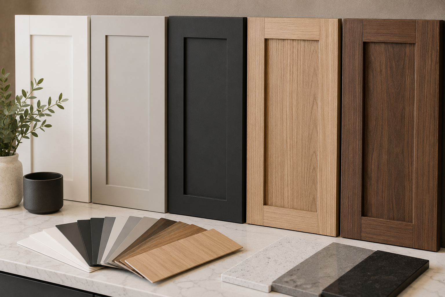 Custom kitchen cabinetry finishes including painted, timber-look and neutral cabinet options