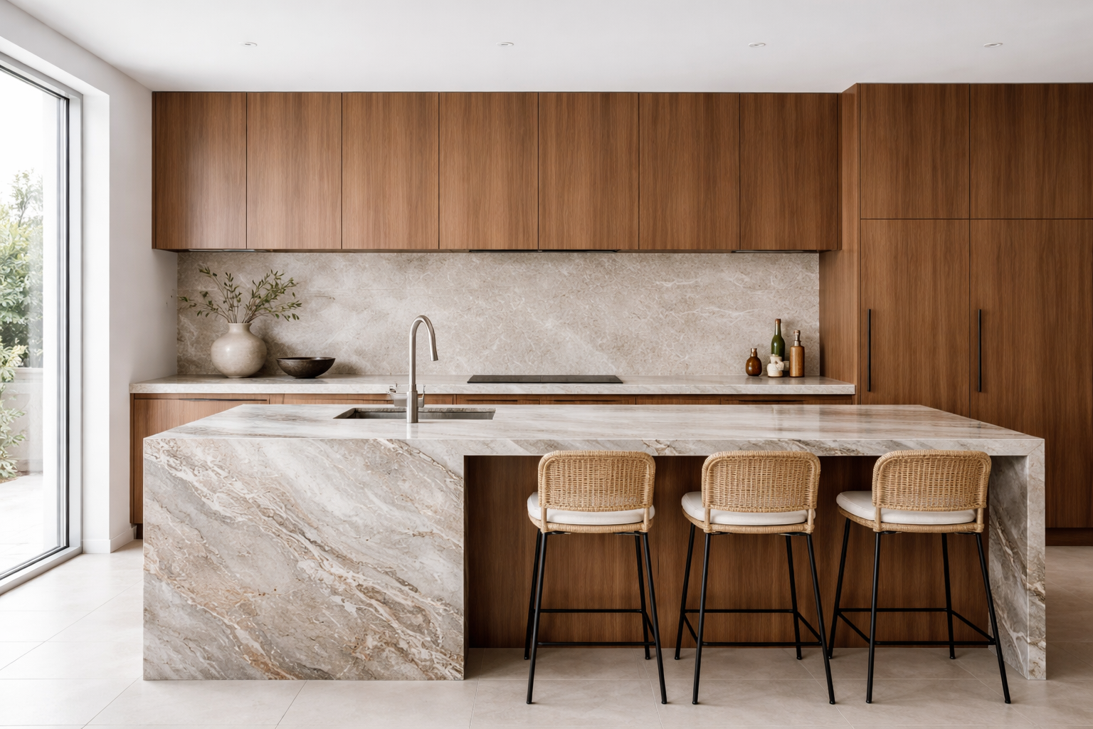 Modern kitchen with a large marble island, wooden cabinets, a backsplash, and three barstools.