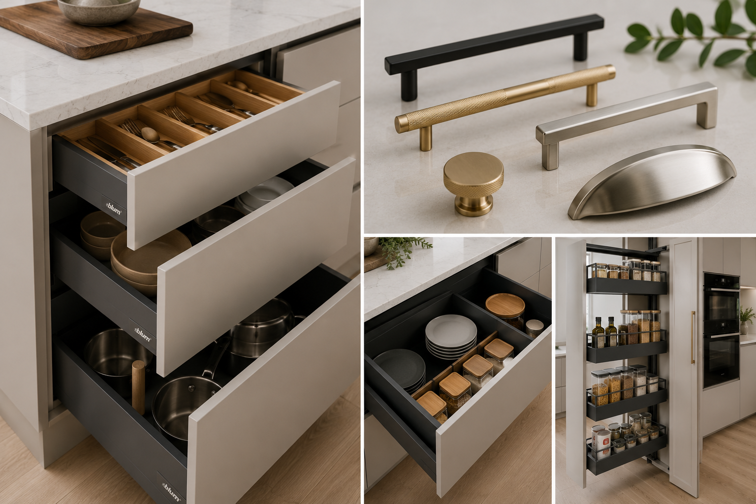 Custom kitchen hardware and storage solutions including drawers, pull-out pantry and cabinet handles