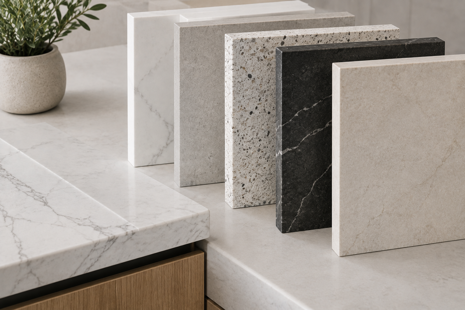 Selection of stone and engineered kitchen benchtop finishes for custom kitchen designs