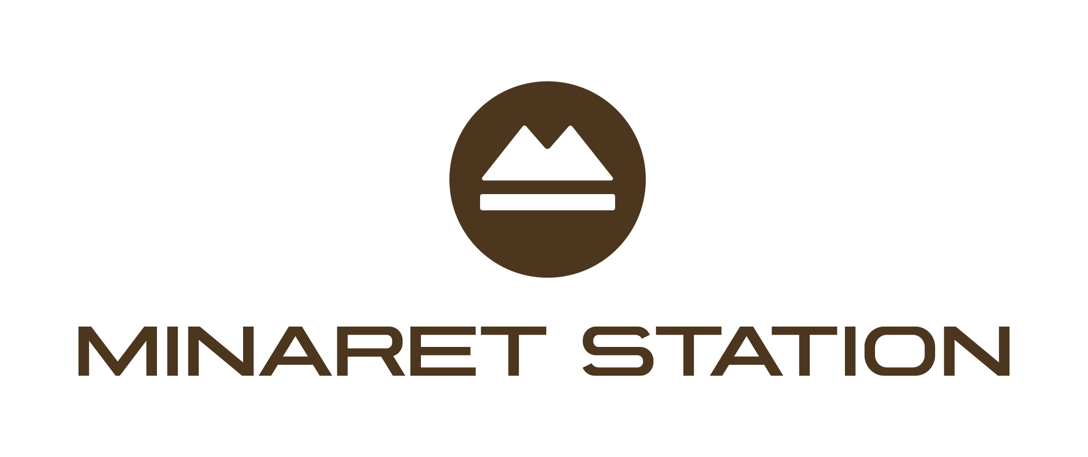 Black background with a brown circular logo featuring a stylized mountain and water icon in the center. Beneath the logo, the text reads "MINARET STATION" in capitalized brown letters.