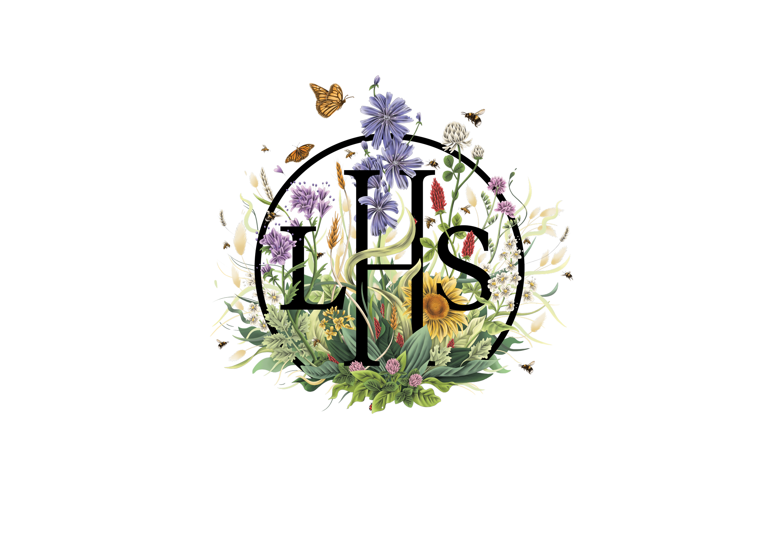 Illustration of a bouquet of assorted colorful flowers and butterflies surrounding a cross at the center.