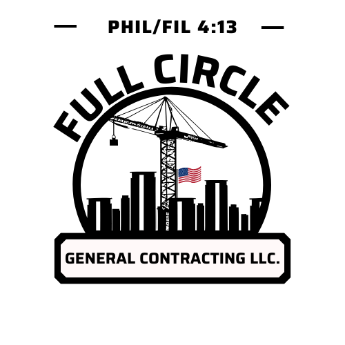 Logo of General Contracting LLC with an American flag in the middle of the design.