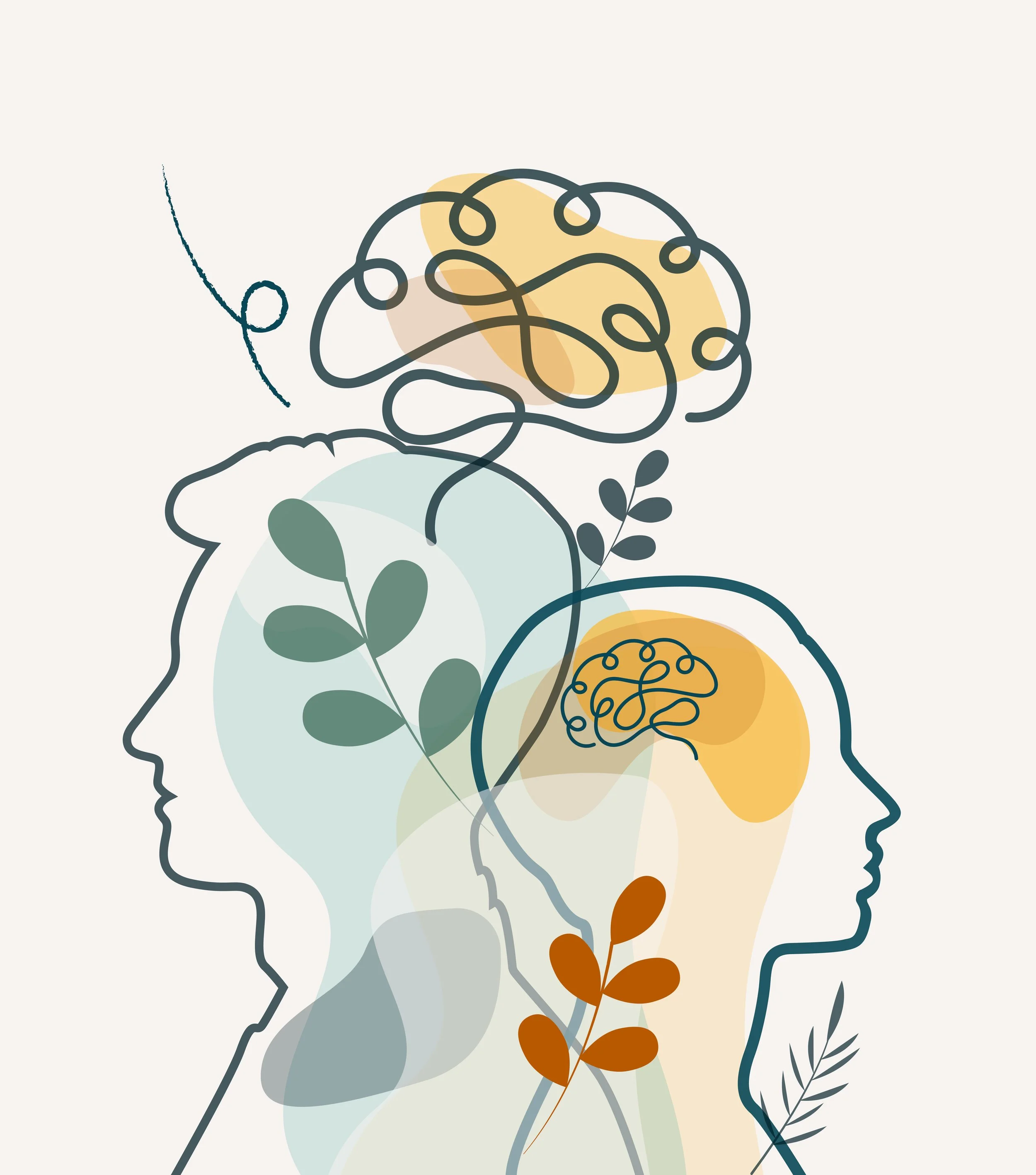 Abstract illustration of a woman and a man with their heads connected by a color-mapped infographic of a brain and leaves, symbolizing mental health and connection.