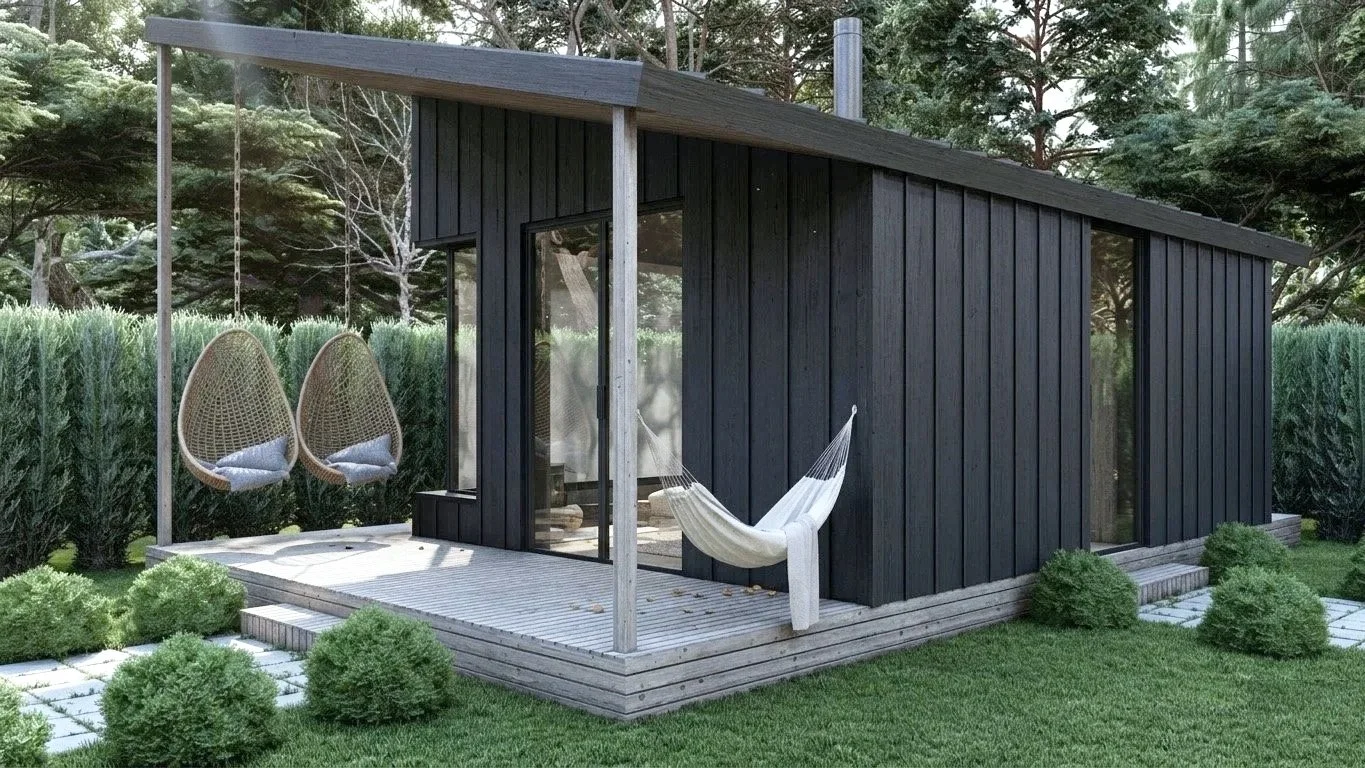 Small modern black wooden cabin with a slanted roof, glass sliding door, and a front porch with two hanging wicker chairs, a hammock, surrounded by green bushes and trees.