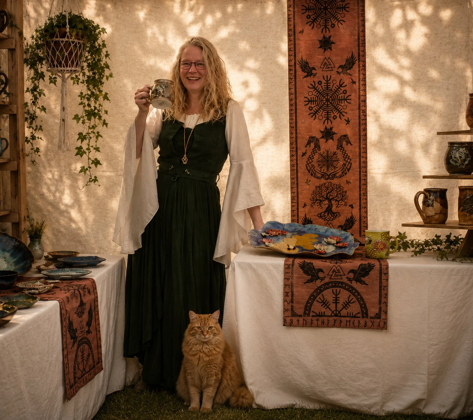 Handmade pottery artist at Elderkiln Ceramics with stoneware mugs at medieval market booth.