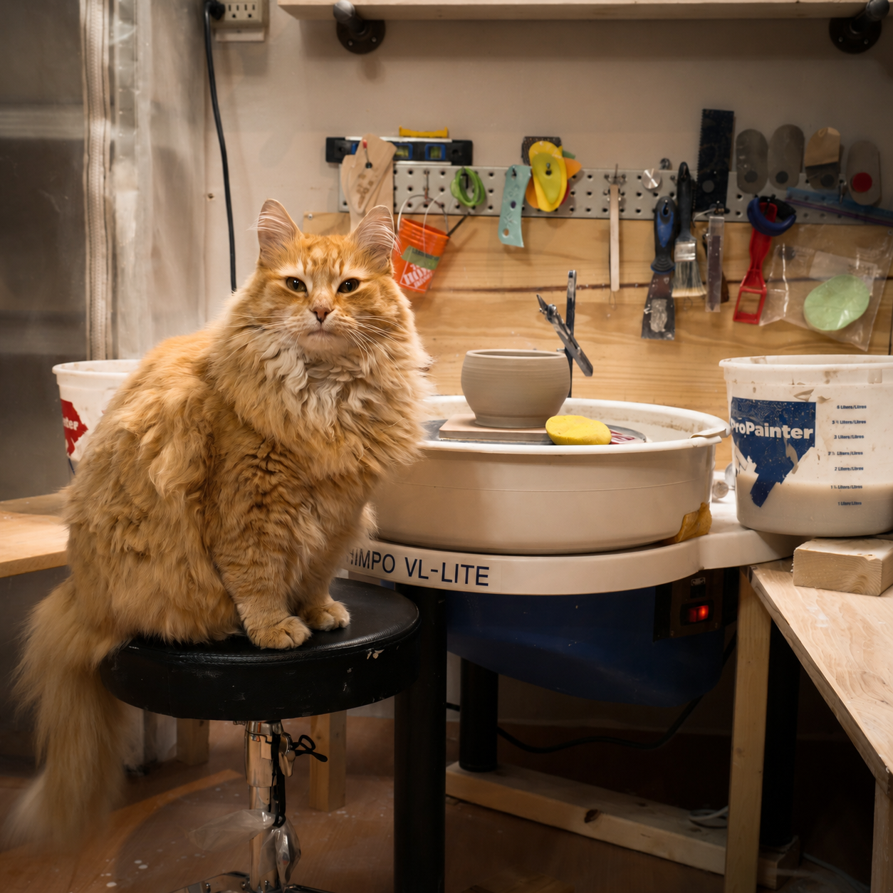 Pottery studio workspace at Elderkiln Ceramics with pottery wheel, handmade clay vessel, and ginger studio cat.