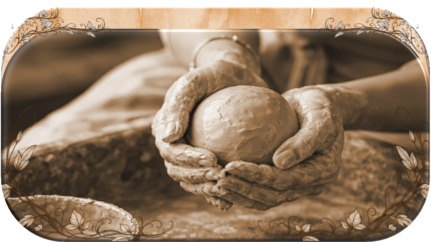 Clay-covered hands holding a ball of clay, capturing the beginning of the handmade pottery process.