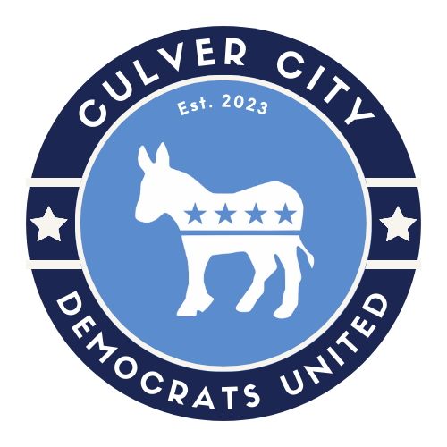 Logo for Culver City Democrats United, established in 2023, featuring a donkey with stars on its body, in shades of blue, white, and dark blue.